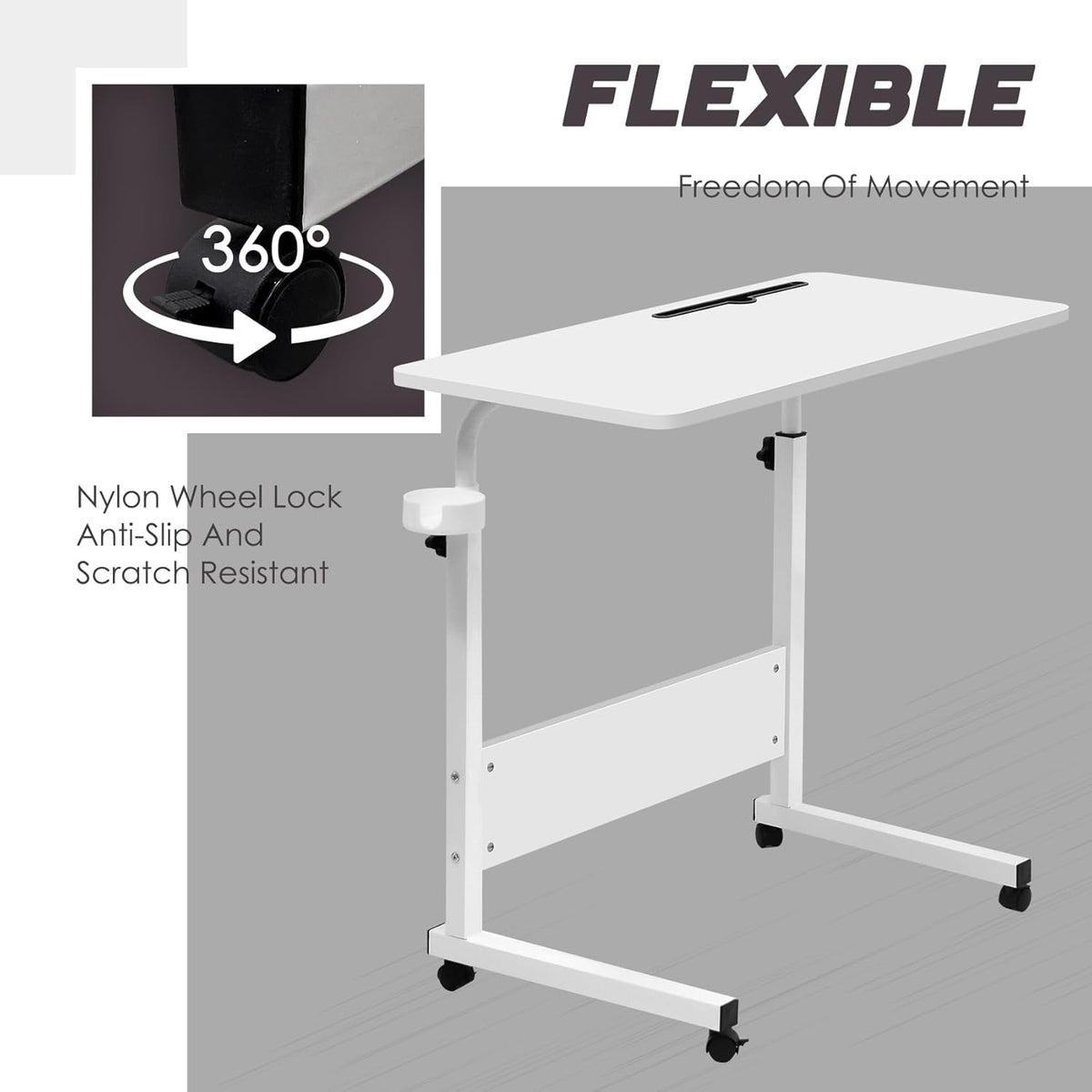 Adjustable Laptop Desk Wooden Surface Metal Frame | Height-Adjustable with Wheels | Ergonomic Use for Home Office, Bed or Sofa