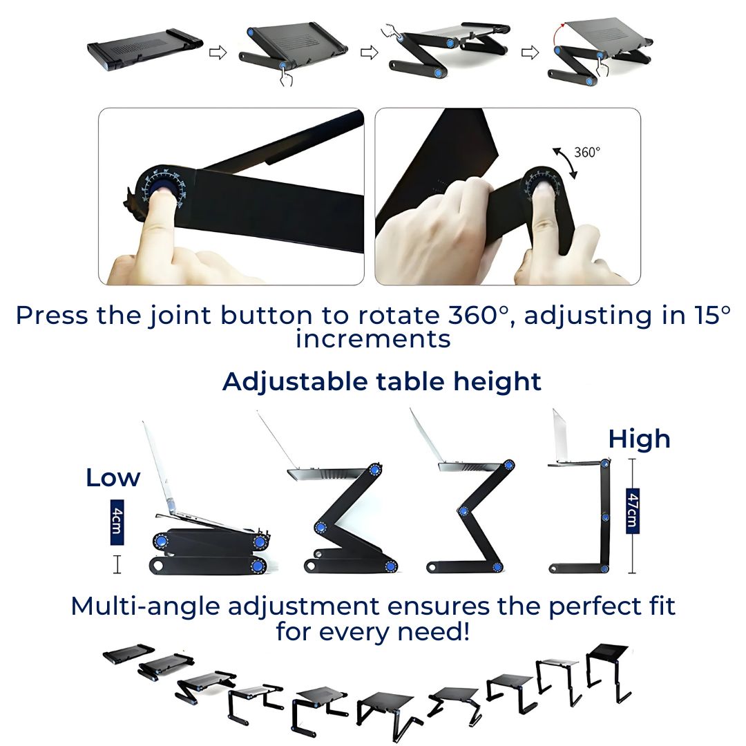 Adjustable Laptop Stand Aluminium Alloy | Cooling Vents & Foldable Design | Height & Angle Control for Desk, Bed, Sofa
