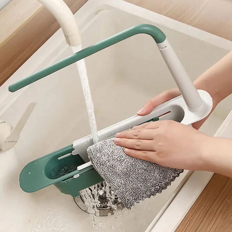 Adjustable Sink Organiser Caddy | Expandable Sliding Base & Integrated Towel Rack | Keeps Sponges Dry, Sink Spotless