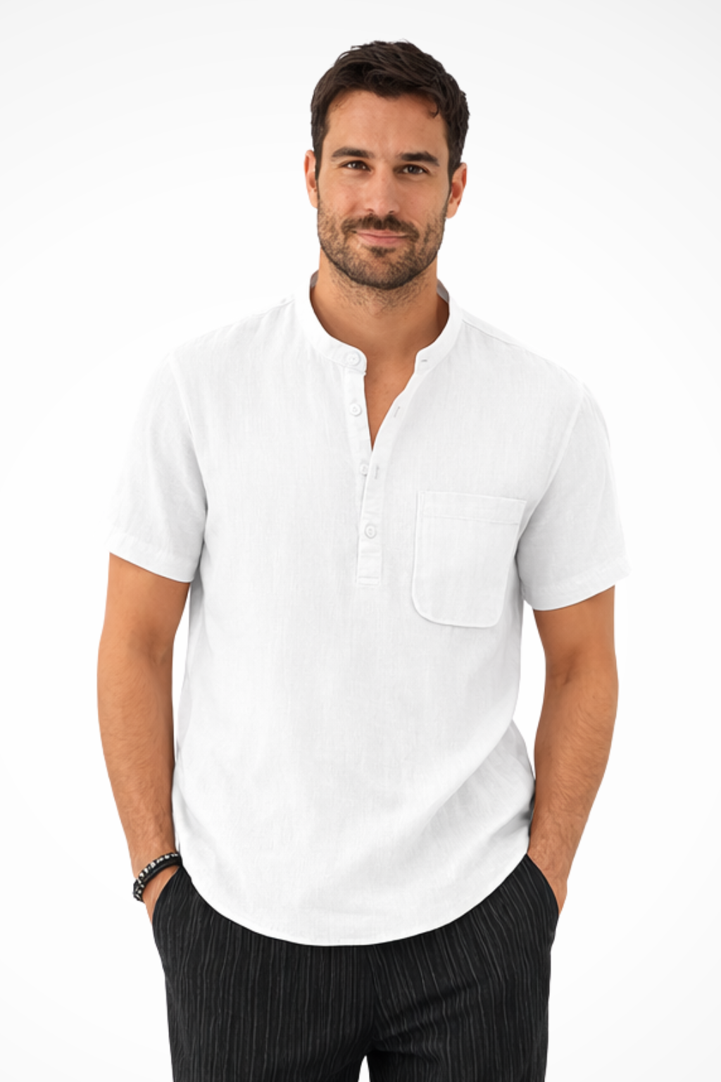 Archer | Men's Linen Shirt - Band Collar Short Sleeve Design 10
