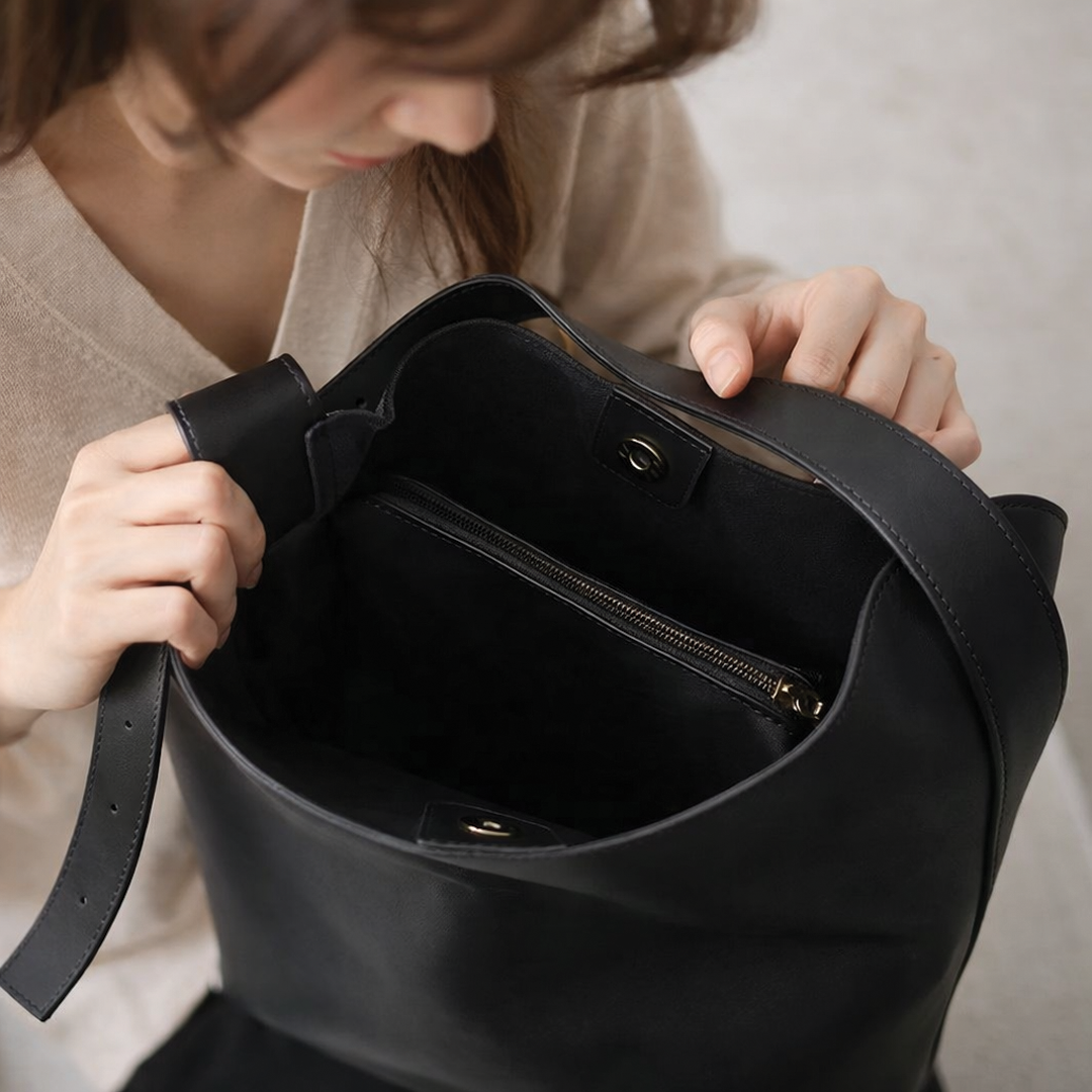Aria | Black Shoulder Bag - Vegan Leather, Structured Design
