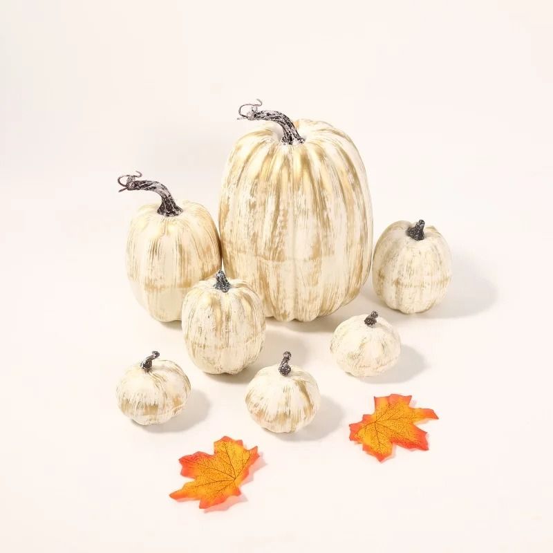 Artificial Pumpkin Set Autumn Decor | 7-Piece Multi-Size Collection | Ribbed Foam Pumpkins for Halloween & Weddings