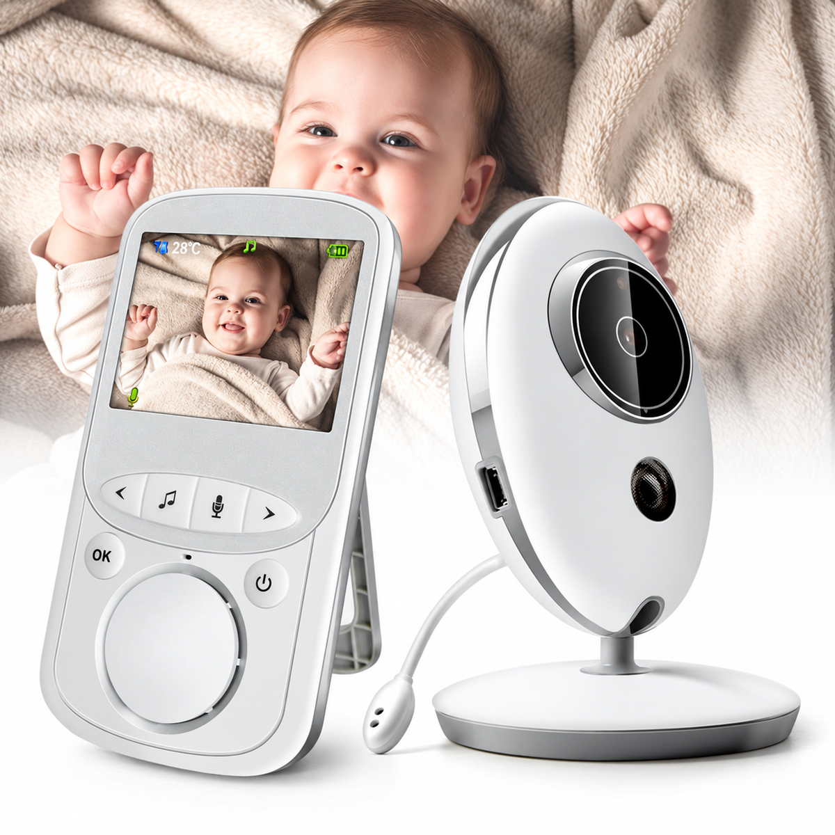 Audio Video Baby Monitor with Night Vision | 2.4 Inch LCD, Two-Way Talk, Temperature Sensor | 260m Range, 24h Battery Life
