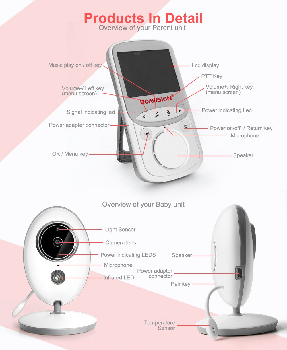 Audio Video Baby Monitor with Night Vision | 2.4 Inch LCD, Two-Way Talk, Temperature Sensor | 260m Range, 24h Battery Life