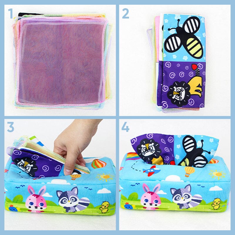 Baby Sensory Crinkle Tissue Box Toy | Soft Cotton with Colourful Scarves | Supports Fine Motor Skills Development