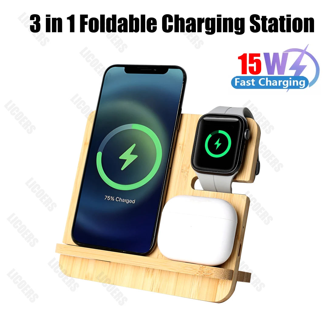 Bamboo Wireless Charging Station 3 in 1 stand - iPhone, iWatch, AirPods 3