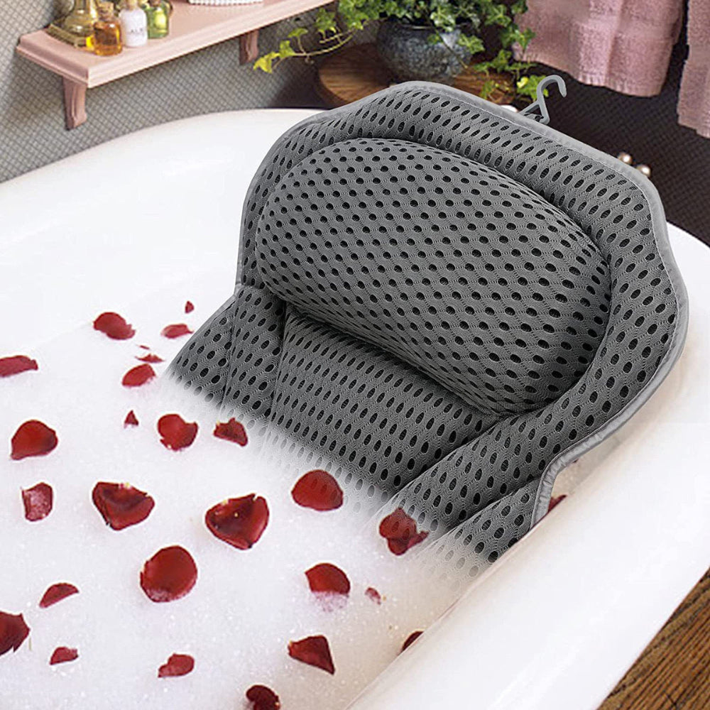 Bath Pillow for Neck and Back Support | Six Suction Cups, Secure Fit | Breathable, Quick-Drying, Mould-Resistant Mesh