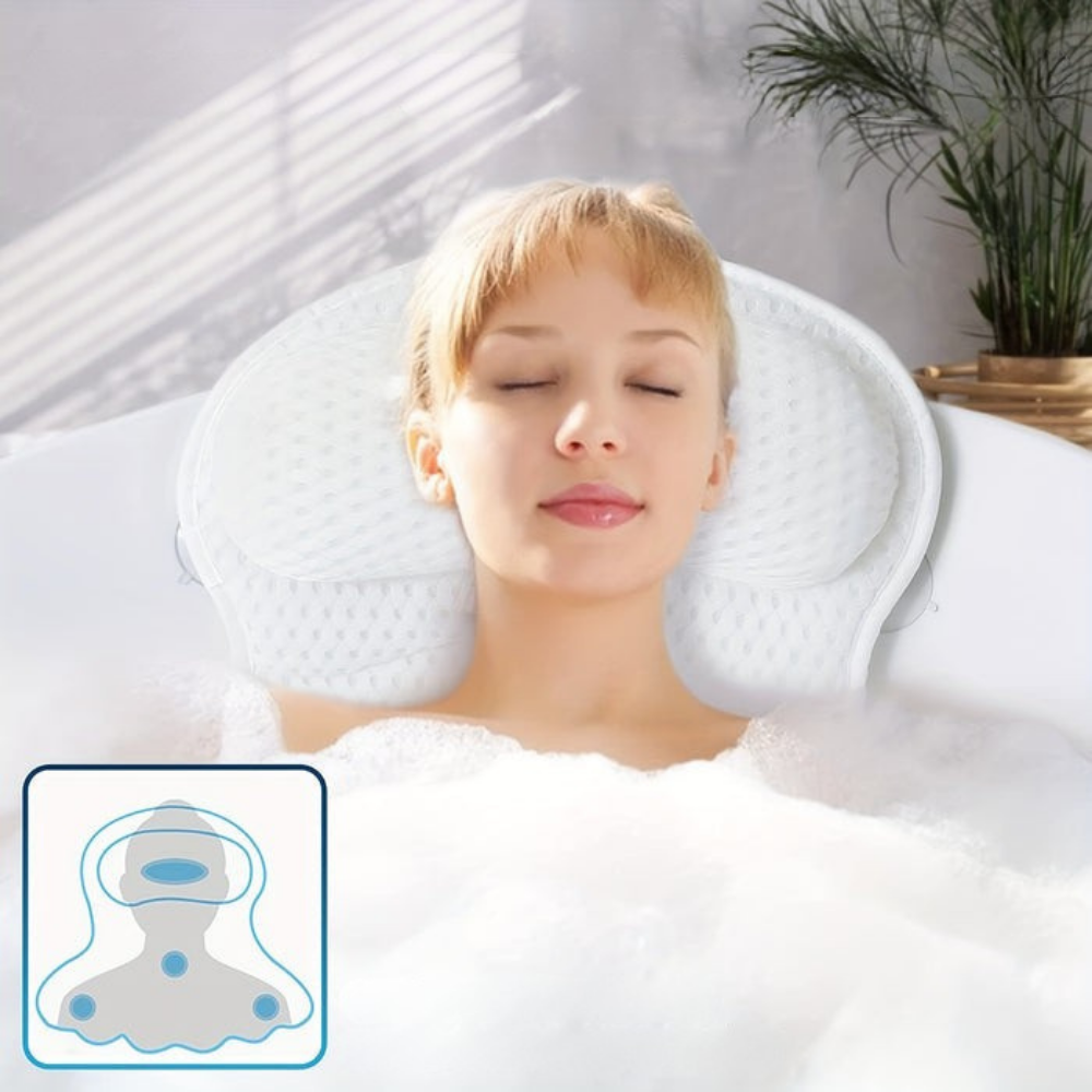 Bath Pillow for Neck and Back Support | Six Suction Cups, Secure Fit | Breathable, Quick-Drying, Mould-Resistant Mesh