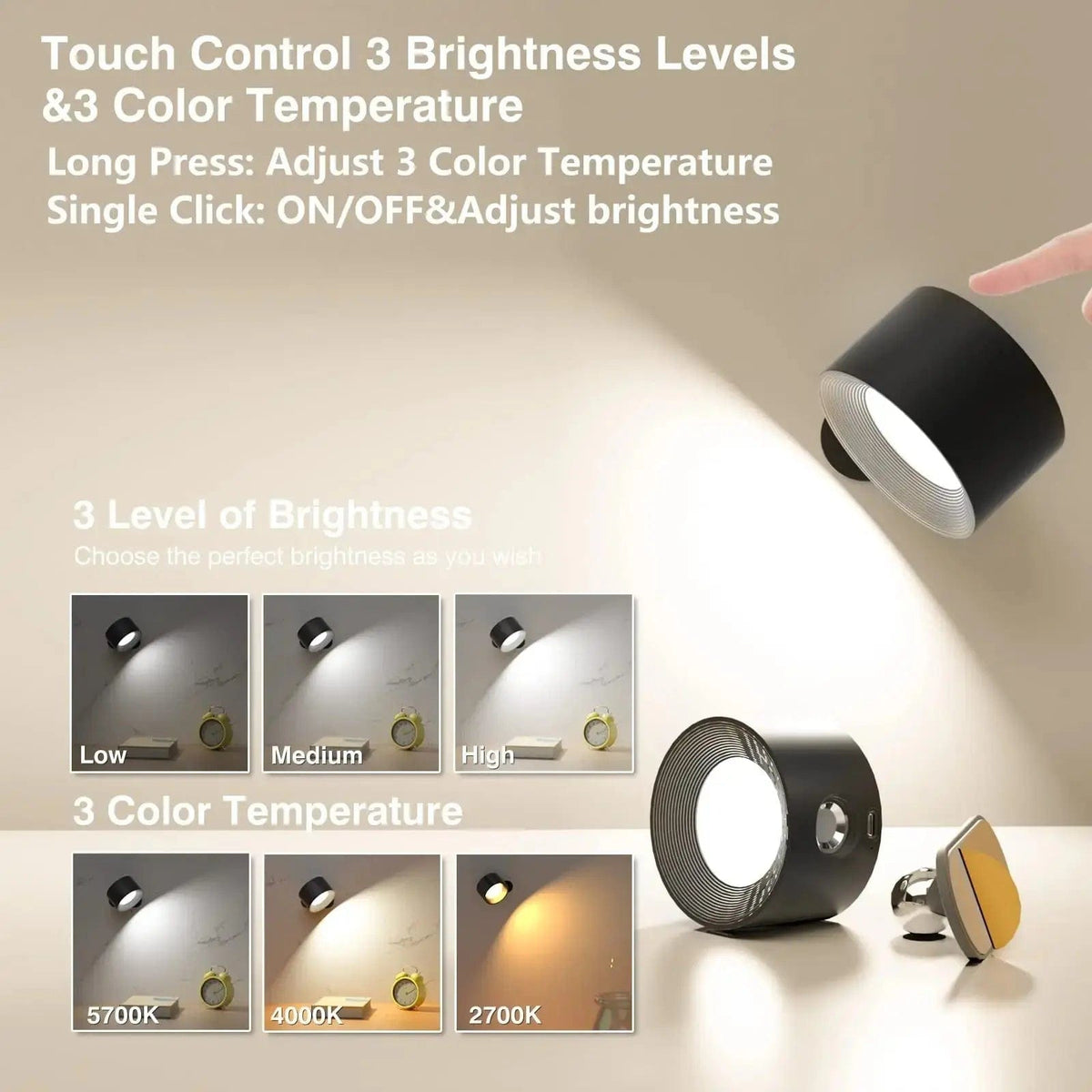 Battery Operated Wall Light ABS | Rechargeable 360° Adjustable with Touch or Remote Control | Wireless Modern Lighting