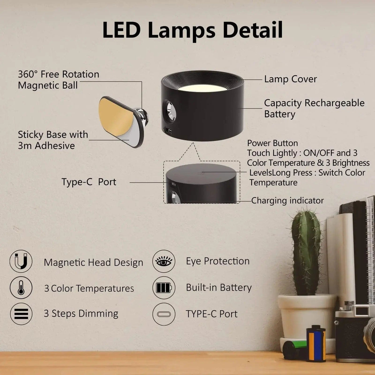 Battery Operated Wall Light ABS | Rechargeable 360° Adjustable with Touch or Remote Control | Wireless Modern Lighting