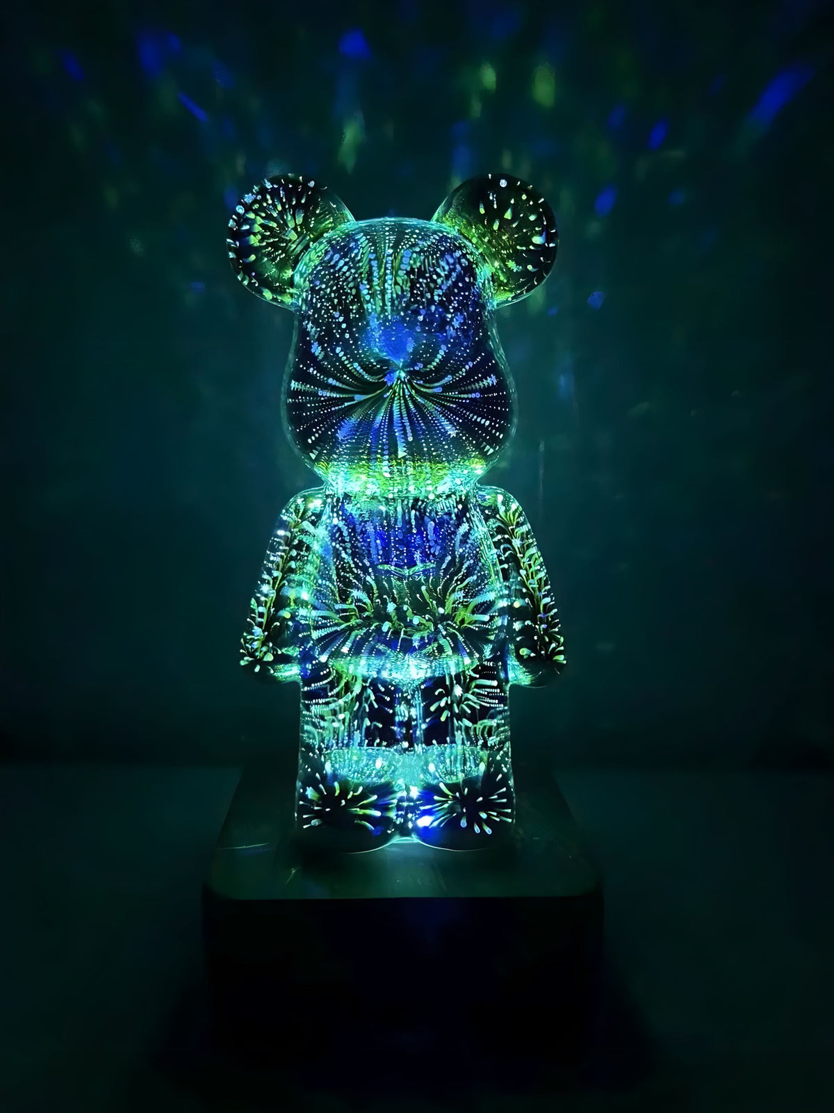Bear Table Lamp Glass | Silver Glass, 7 Colours | USB LED Night Light, Wood-Look Base, Colour-Changing Decor Light