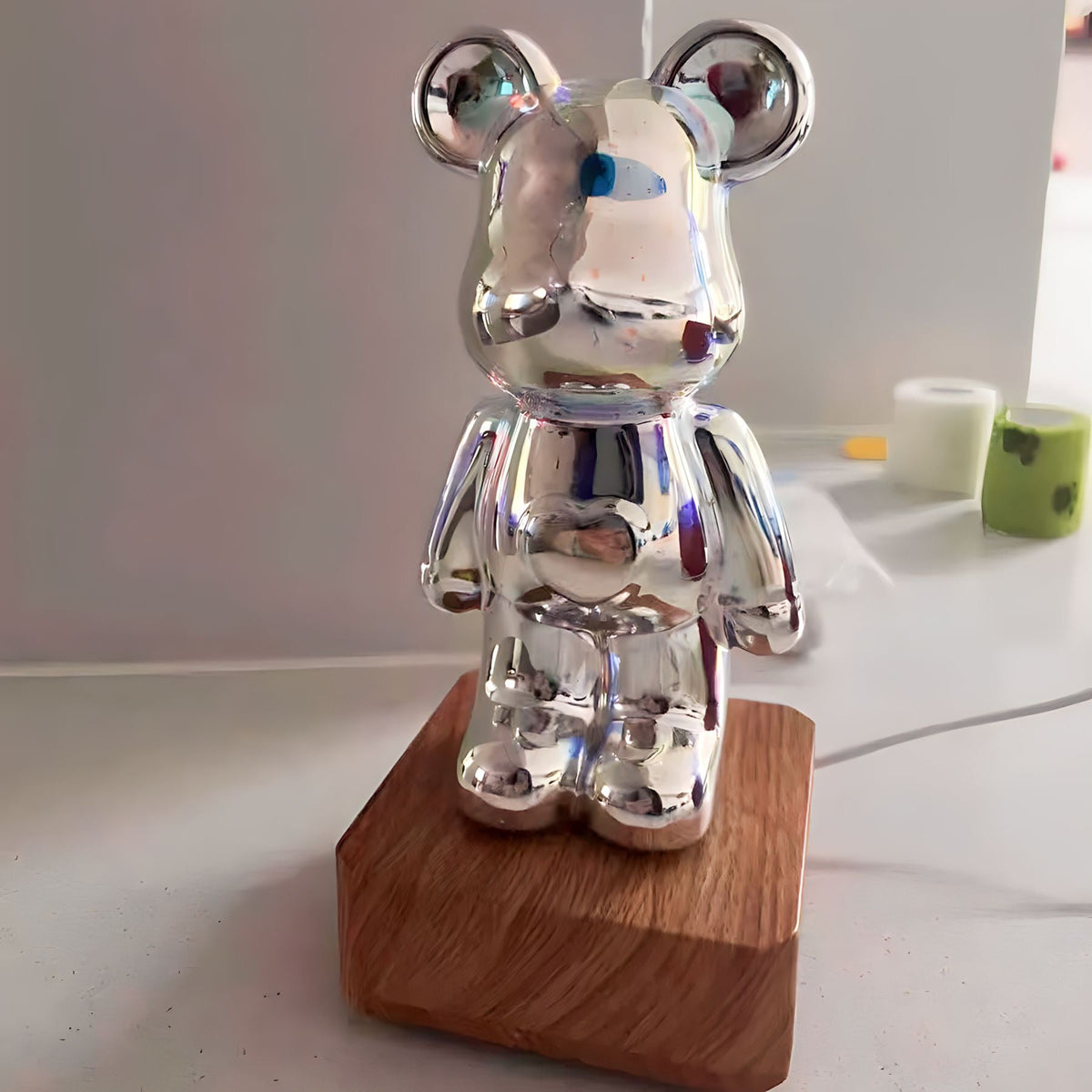 Bear Table Lamp Glass | Silver Glass, 7 Colours | USB LED Night Light, Wood-Look Base, Colour-Changing Decor Light