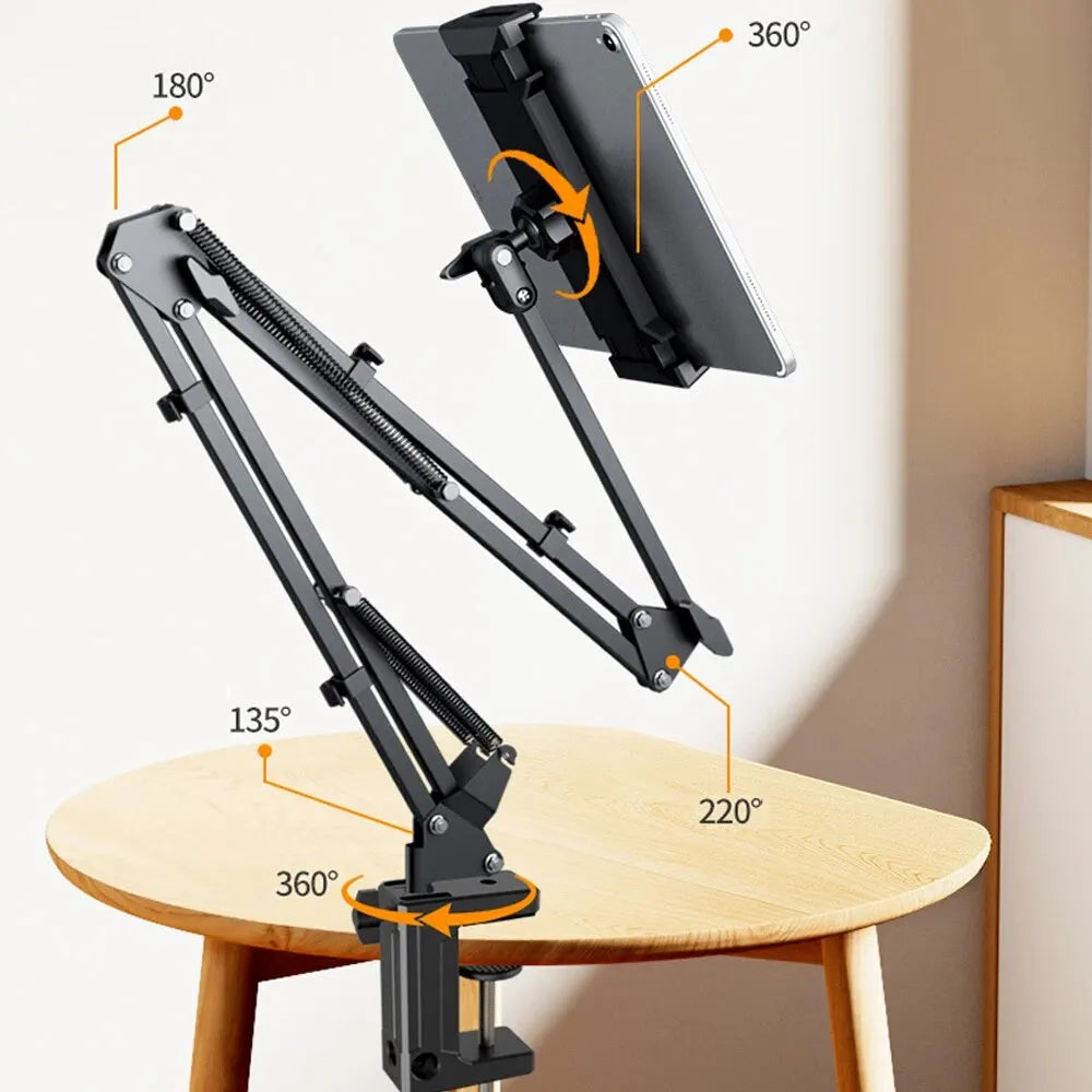 Bed Tablet Stand | Folding Spring Arm, Screw Clamp Base