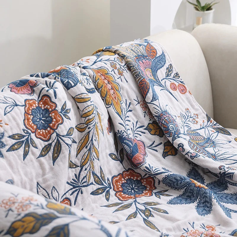 Floral Throw Blanket Cotton 200 x 230cm | Double-Sided Reversible Pattern | Decorative Tassel Trim for Bed & Sofa 2