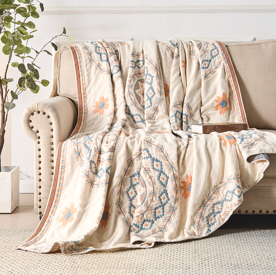 Geometric Throw Blanket Cotton 150x200cm/200x230cm | Double-Sided Reversible Pattern | Decorative Cover for Bed or Sofa 7
