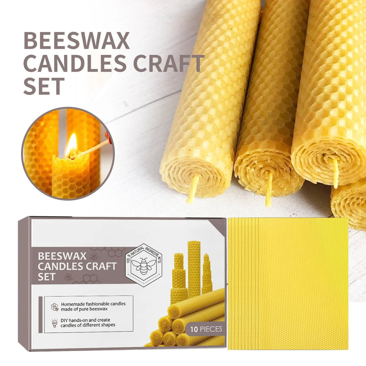 Beeswax Candles Set of 10 | Unscented Handmade Pure Wax | Clean Even Burn for Long-Lasting Ambient Glow at Home