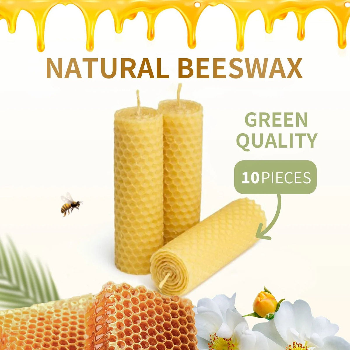 Beeswax Candles Set of 10 | Unscented Handmade Pure Wax | Clean Even Burn for Long-Lasting Ambient Glow at Home
