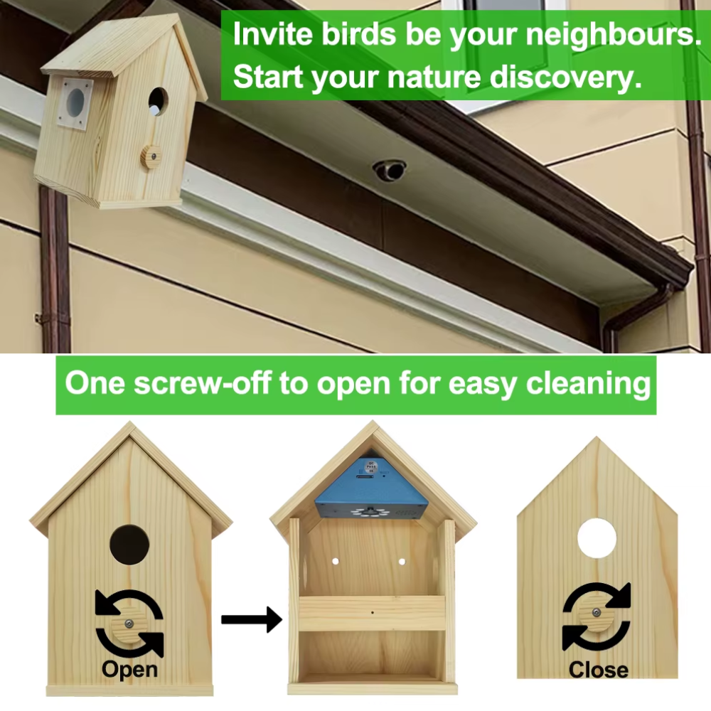 Bird Box Camera | 4MP HD WiFi Live View & Invisible Night Vision | Wooden Nest Box with Microphone & Dual-Band WiFi