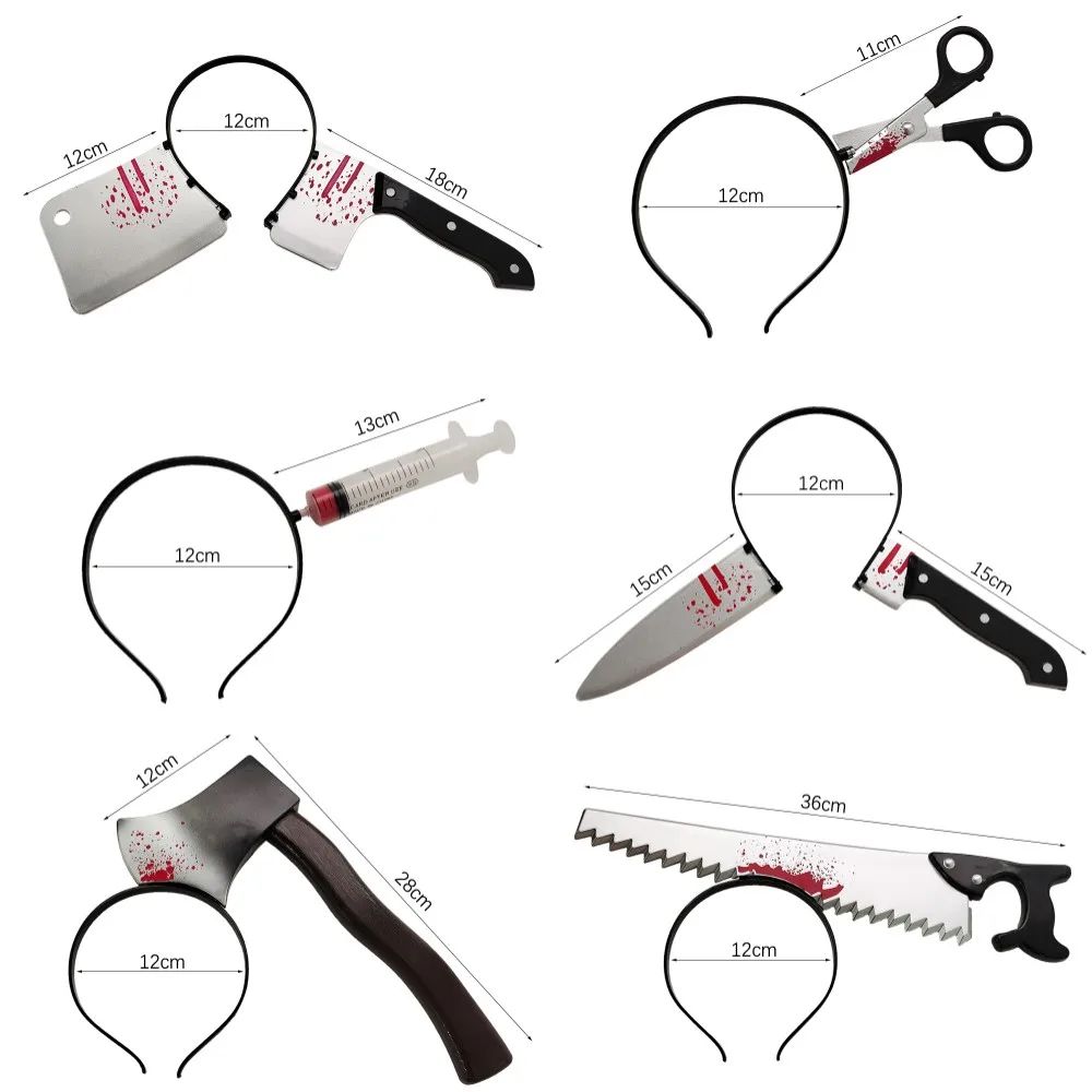 Bloody Weapon Halloween Headband | Fake Axe, Saw & Knife Horror Prop | Lightweight Slip-On Costume Accessory for Parties
