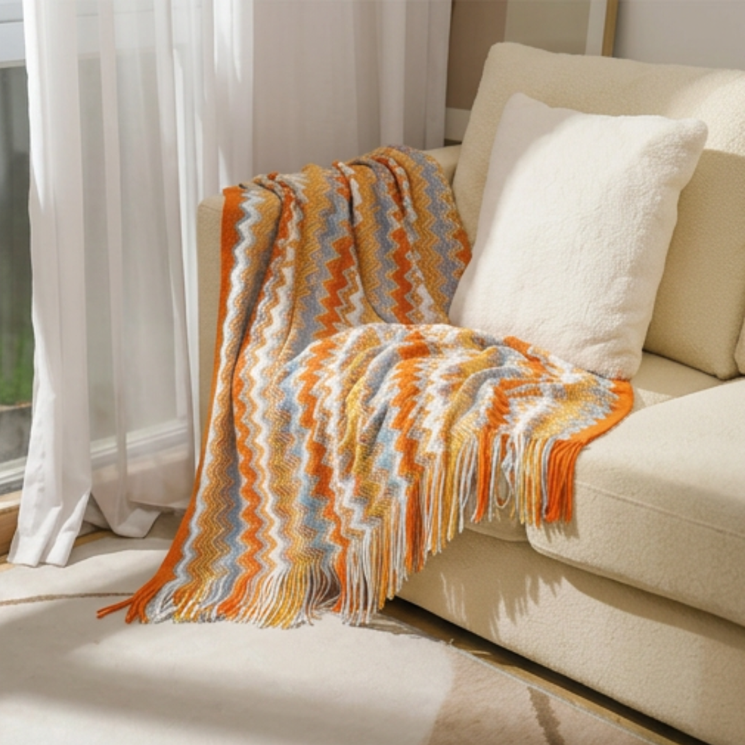 Bohemian Throw Blanket | CozyVibe Knitted Tassel Throw with Chevron Pattern
