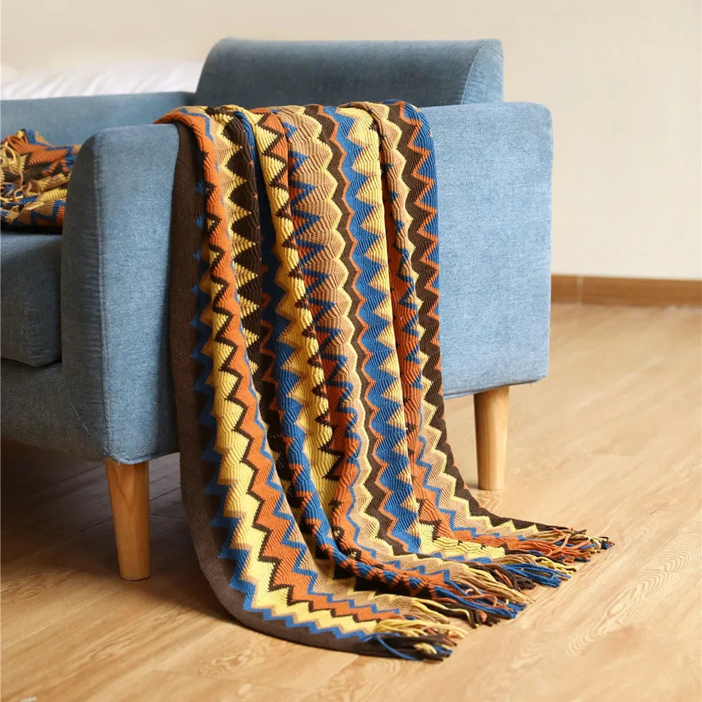 Bohemian Throw Blanket | CozyVibe Knitted Tassel Throw with Chevron Pattern