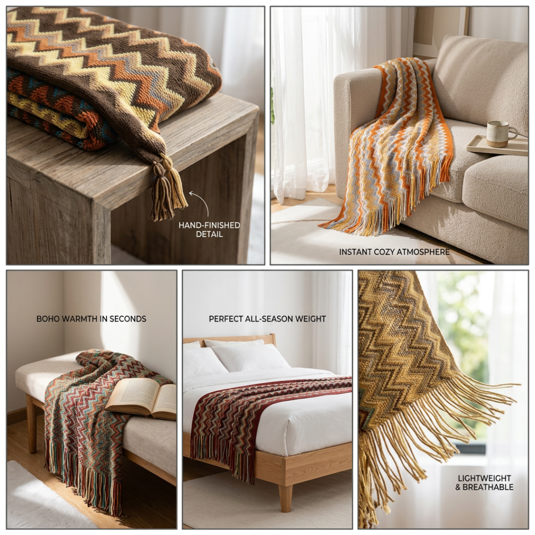 Bohemian Throw Blanket | CozyVibe Knitted Tassel Throw with Chevron Pattern