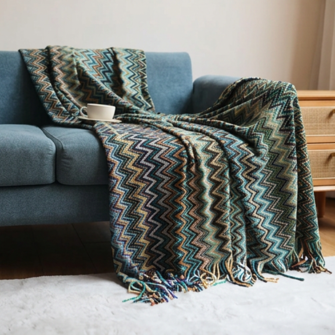 Bohemian Throw Blanket | CozyVibe Knitted Tassel Throw with Chevron Pattern