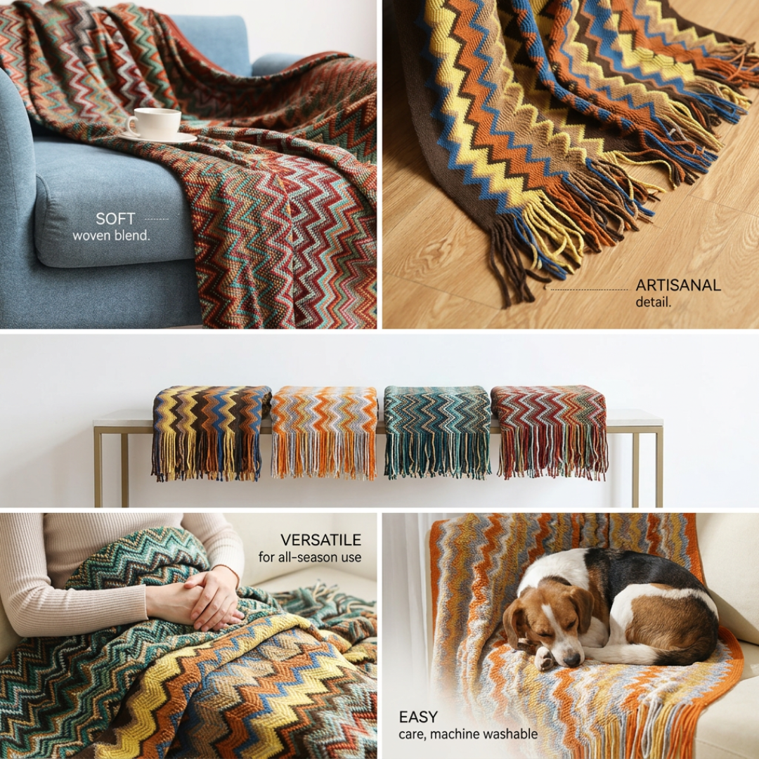 Bohemian Throw Blanket | CozyVibe Knitted Tassel Throw with Chevron Pattern