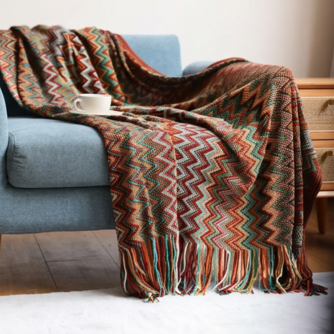Bohemian Throw Blanket | CozyVibe Knitted Tassel Throw with Chevron Pattern