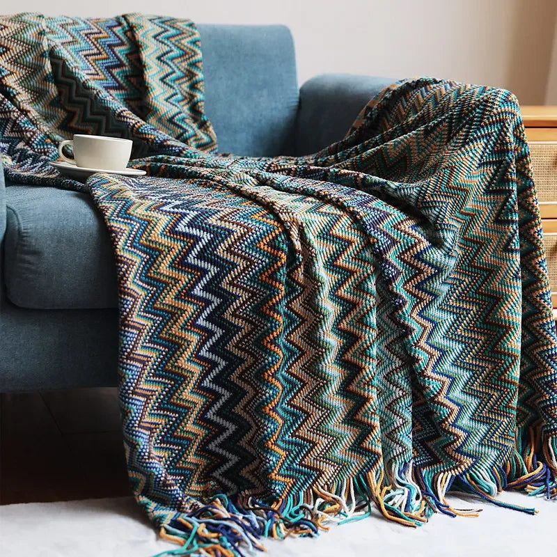 Bohemian Throw Blanket | CozyVibe Knitted Tassel Throw with Chevron Pattern