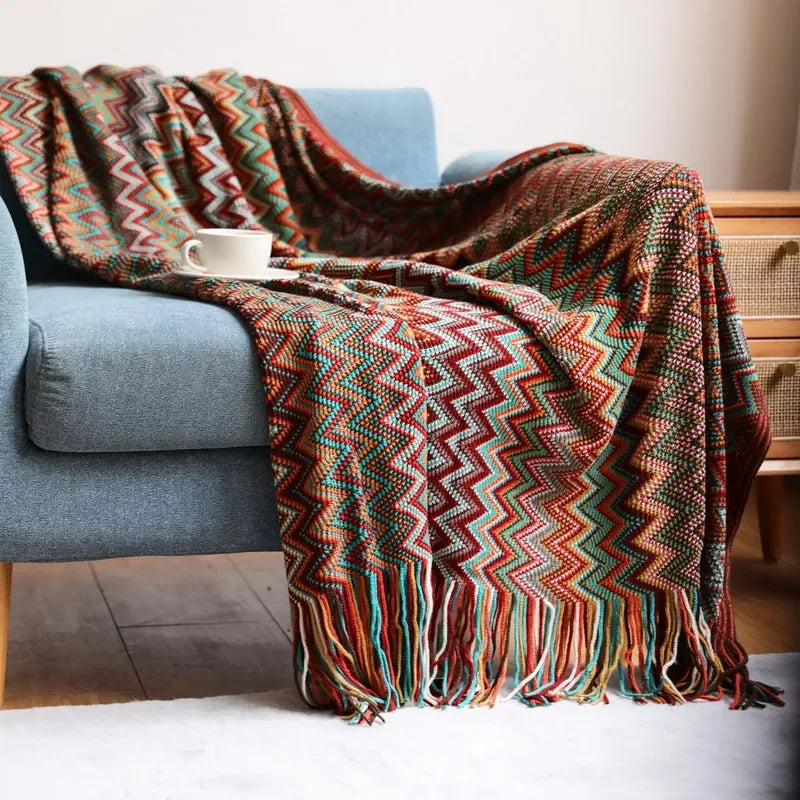 Bohemian Throw Blanket | CozyVibe Knitted Tassel Throw with Chevron Pattern