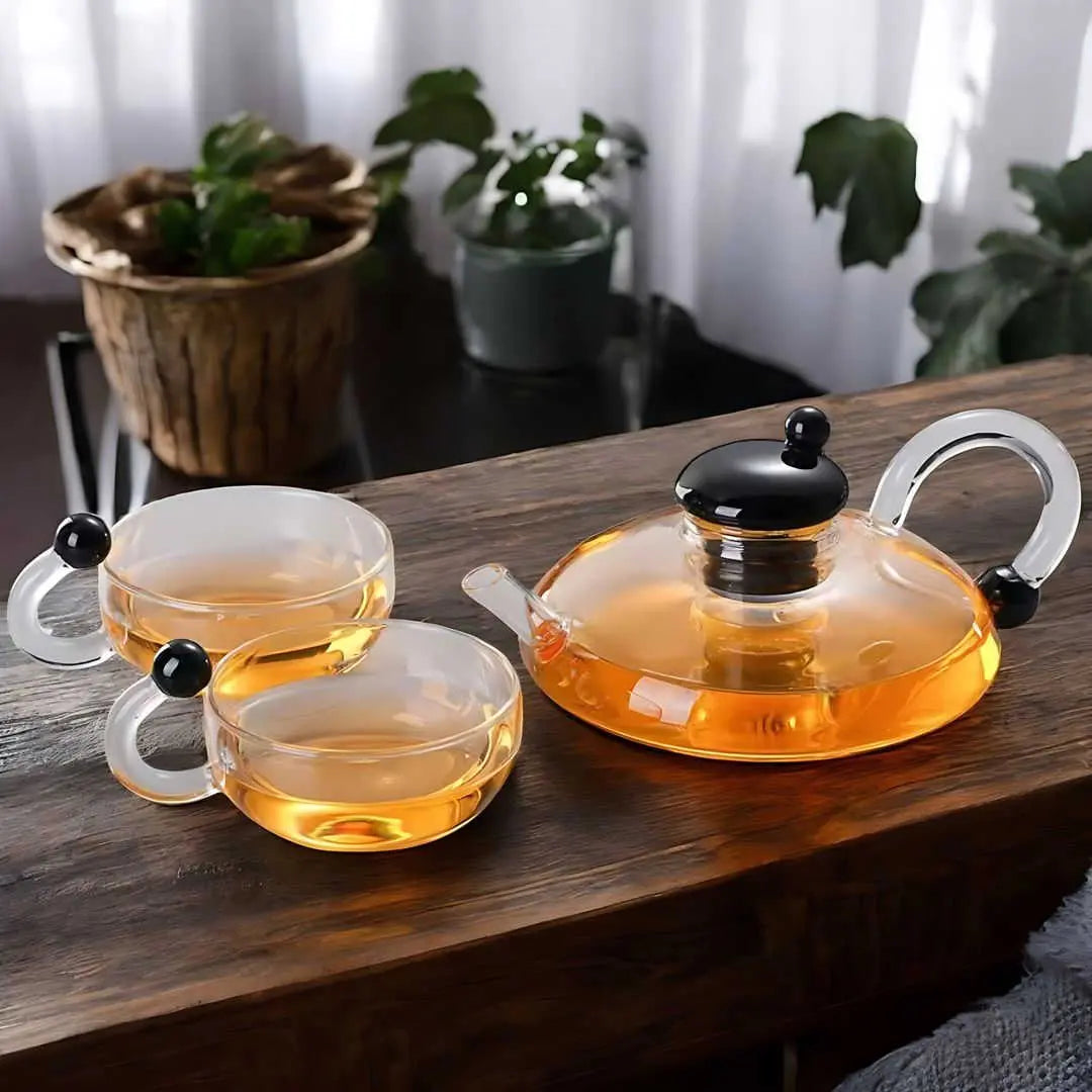 Borosilicate Glass Teapot Set | Semi-Automatic Mesh Filtration | Heat-Resistant, Eco-Friendly Tea Brewing for Stovetop & Microwave