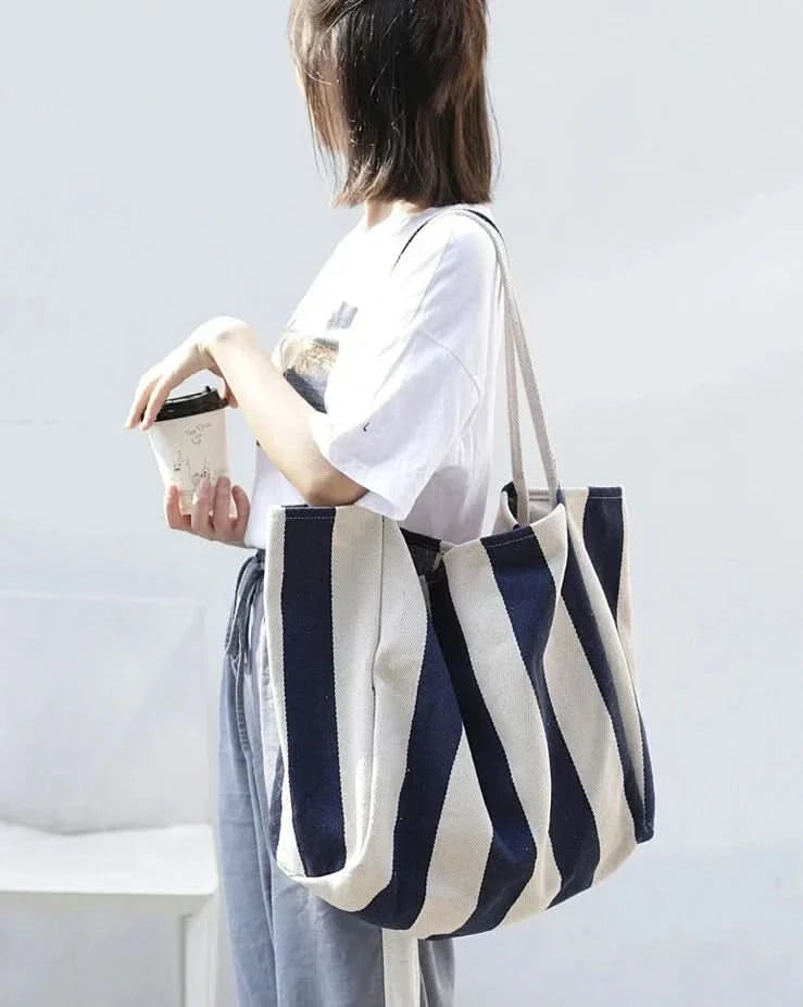 Canvas Tote Bag | Striped Design With Long Handles - Durable Everyday Use