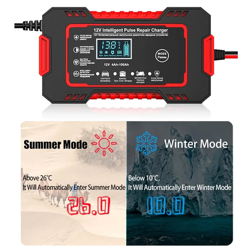 Car Battery Charger 12V 6A | Smart Pulse Charging & LCD Display | Compatible with AGM, Gel & Lead-Acid Batteries