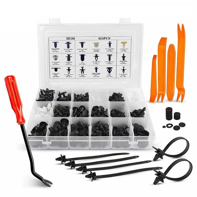 Car Fastener Clip Set Nylon | 18 Sizes, Up to 415 Pieces | Trim Removal Tool for Bumpers, Side Skirts and Panels