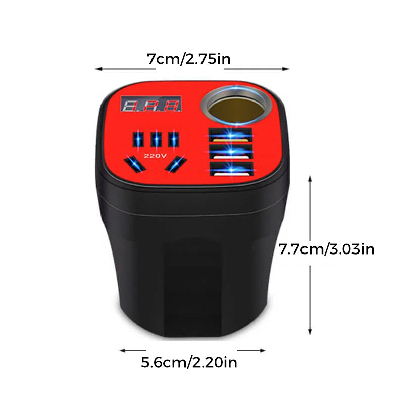Car Power Inverter Cup Holder Design | 200W DC 12V to AC 220V Converter | Dual AC Outlets 3 USB QC3.0 Fast Charger