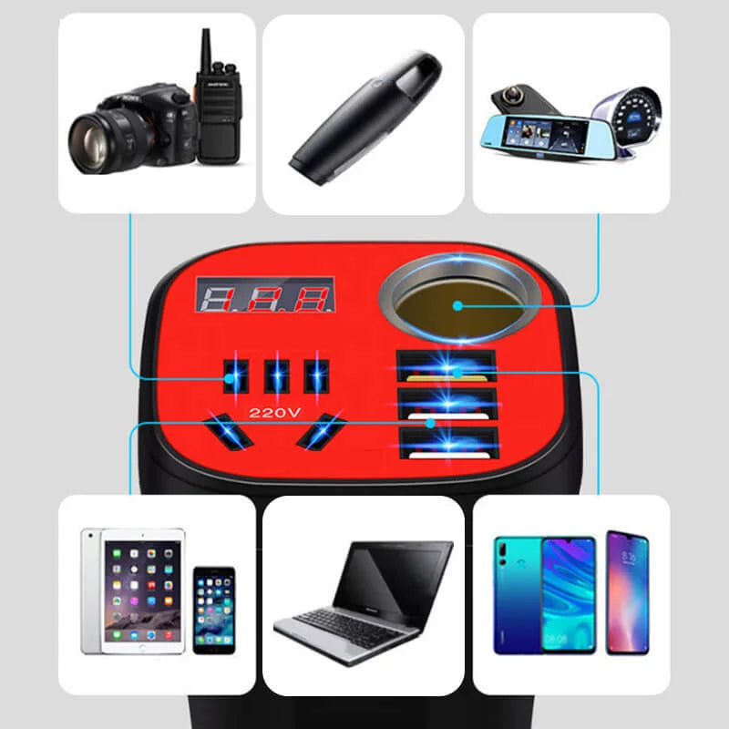 Car Power Inverter Cup Holder Design | 200W DC 12V to AC 220V Converter | Dual AC Outlets 3 USB QC3.0 Fast Charger