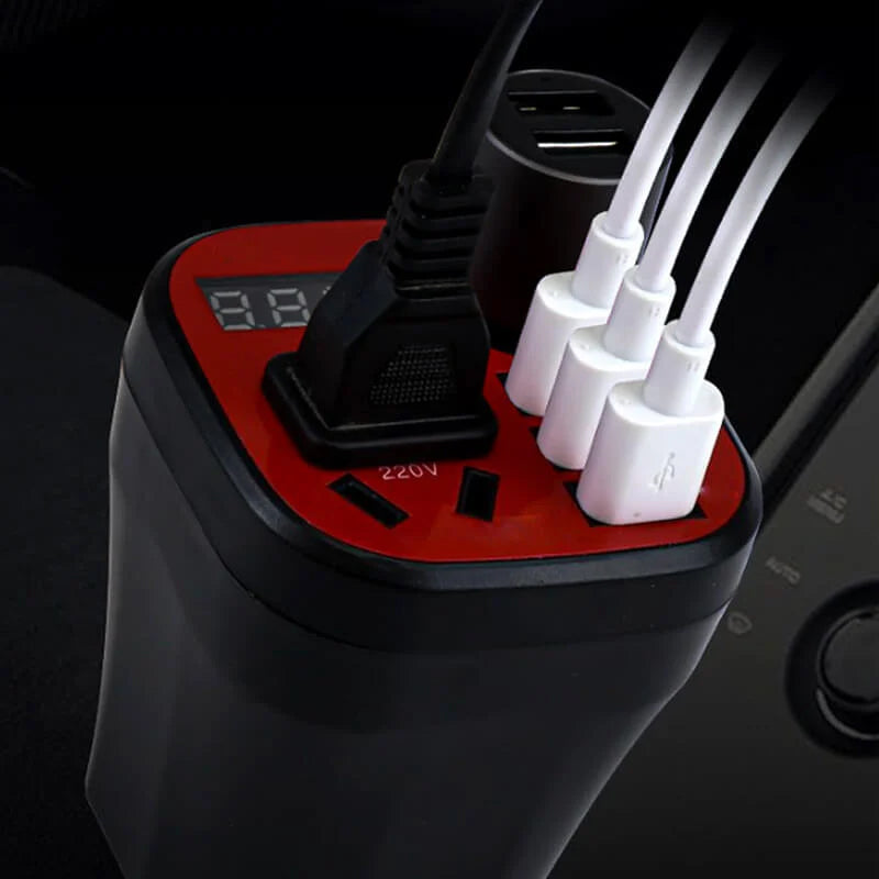 Car Power Inverter Cup Holder Design | 200W DC 12V to AC 220V Converter | Dual AC Outlets 3 USB QC3.0 Fast Charger