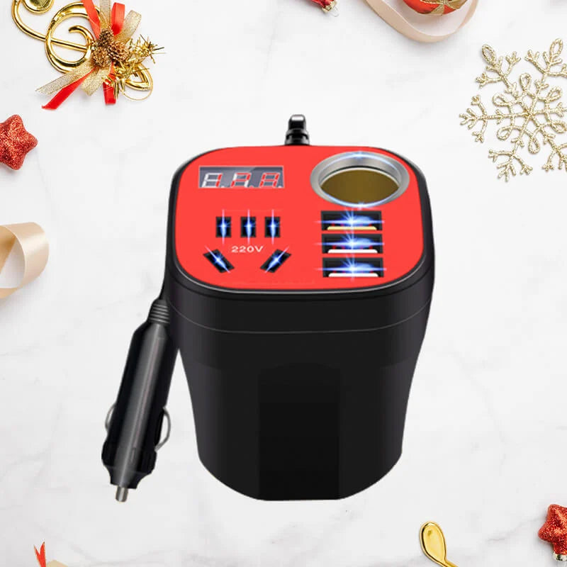 Car Power Inverter Cup Holder Design | 200W DC 12V to AC 220V Converter | Dual AC Outlets 3 USB QC3.0 Fast Charger