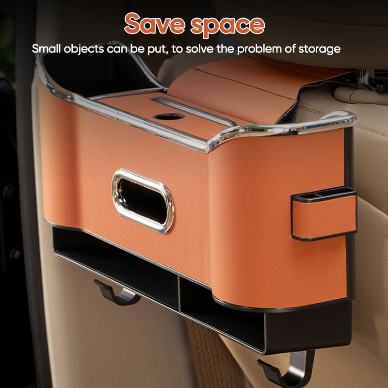 Car Seat Back Storage Box Leather | Hanging Organiser with Partitions and Hooks | Keeps Items Within Easy Reach