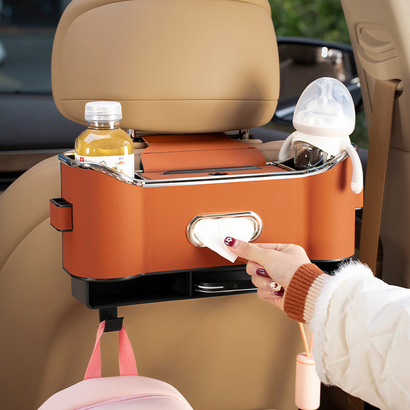 Car Seat Back Storage Box Leather | Hanging Organiser with Partitions and Hooks | Keeps Items Within Easy Reach
