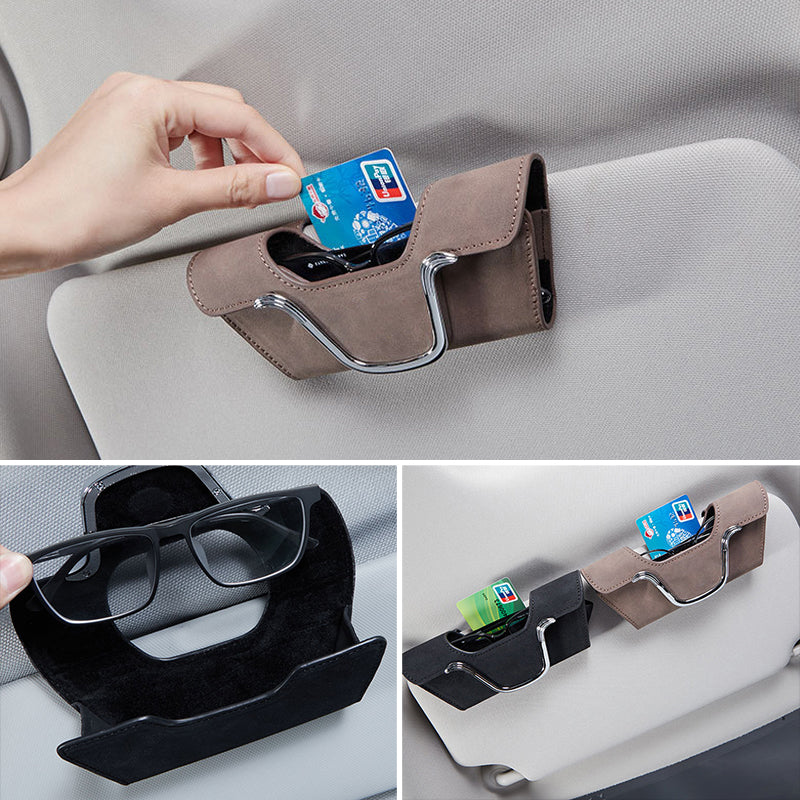 Car Sun Visor Glasses Holder Faux Leather | Magnetic Buckle Clip-On Case | Universal Fit for Sunglasses & Cards