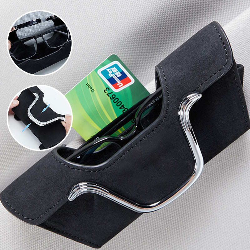 Car Sun Visor Glasses Holder Faux Leather | Magnetic Buckle Clip-On Case | Universal Fit for Sunglasses & Cards
