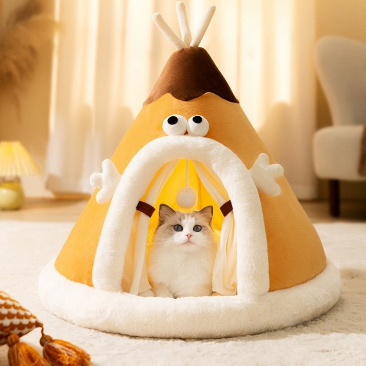 Cat Tent Bed Plush Fleece Teepee | Removable Cushion, Hanging Toy, Arched Opening | Indoor & Outdoor Pet Shelter Design