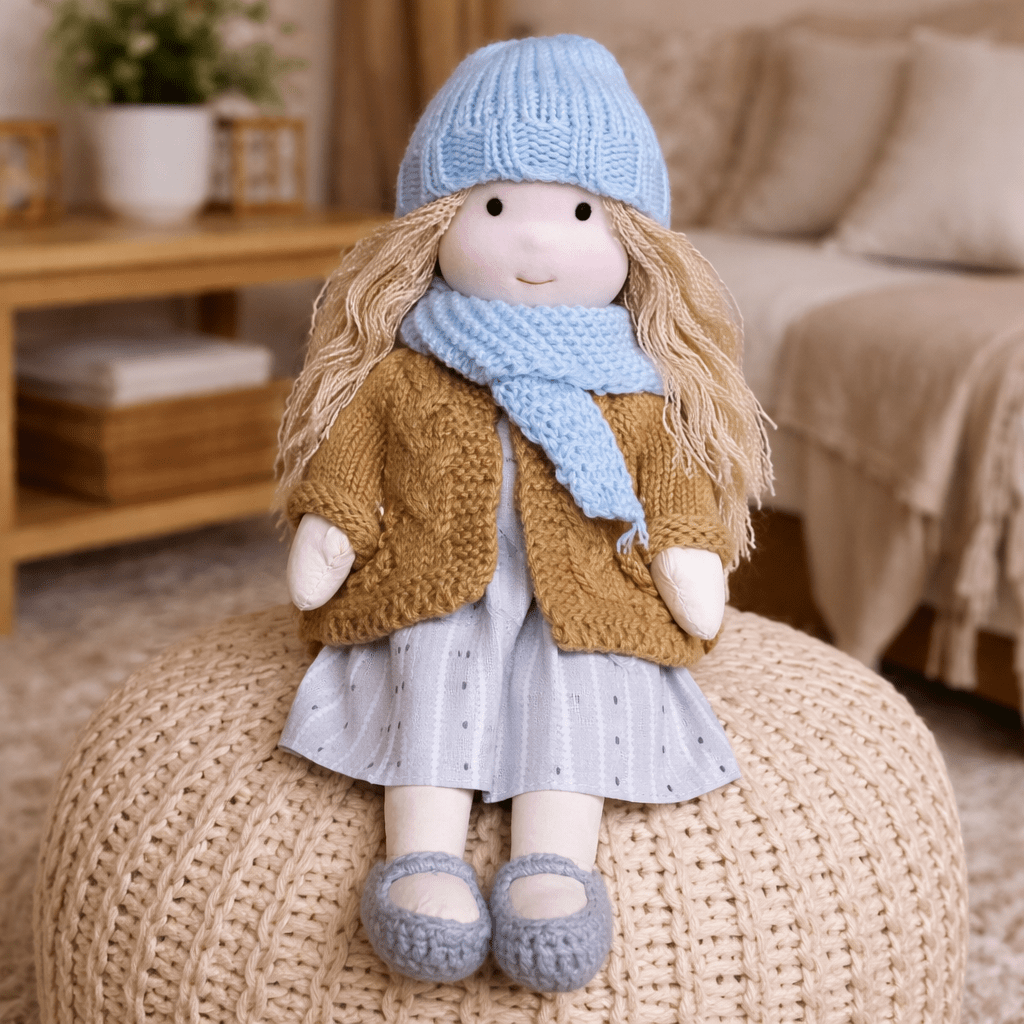Handmade Waldorf Doll, Cotton & Plush, 28 cm | Minimalist Face for Imaginative Play | Sturdy Plastic Head, Cuddly Body 5
