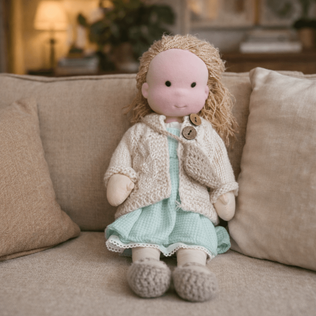 Handmade Waldorf Doll, Cotton & Plush, 28 cm | Minimalist Face for Imaginative Play | Sturdy Plastic Head, Cuddly Body 11