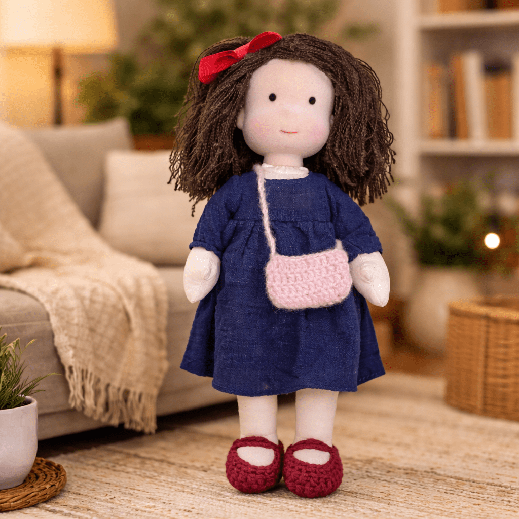 Handmade Waldorf Doll, Cotton & Plush, 28 cm | Minimalist Face for Imaginative Play | Sturdy Plastic Head, Cuddly Body 12