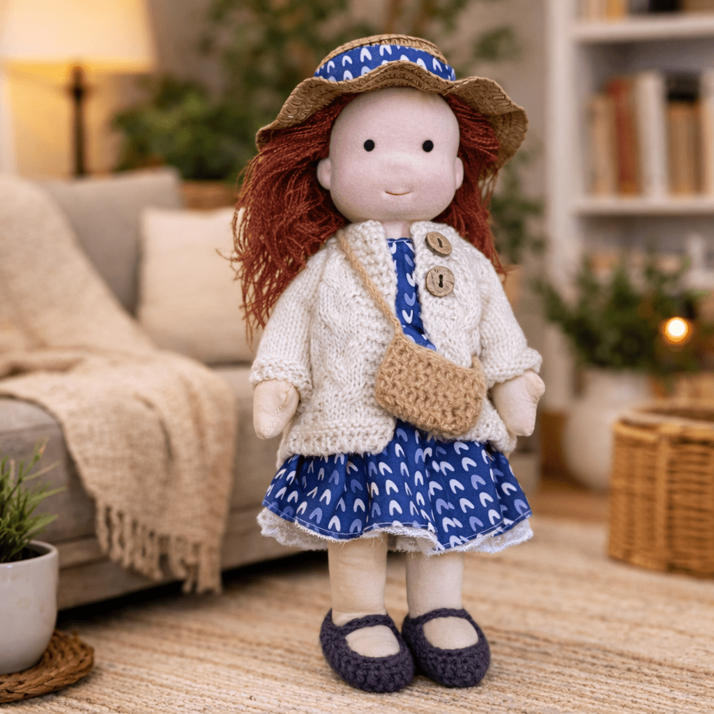 Handmade Waldorf Doll, Cotton & Plush, 28 cm | Minimalist Face for Imaginative Play | Sturdy Plastic Head, Cuddly Body 13