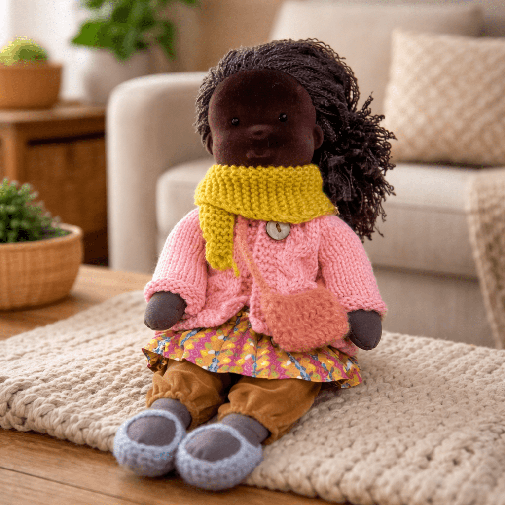 Handmade Waldorf Doll, Cotton & Plush, 28 cm | Minimalist Face for Imaginative Play | Sturdy Plastic Head, Cuddly Body 14