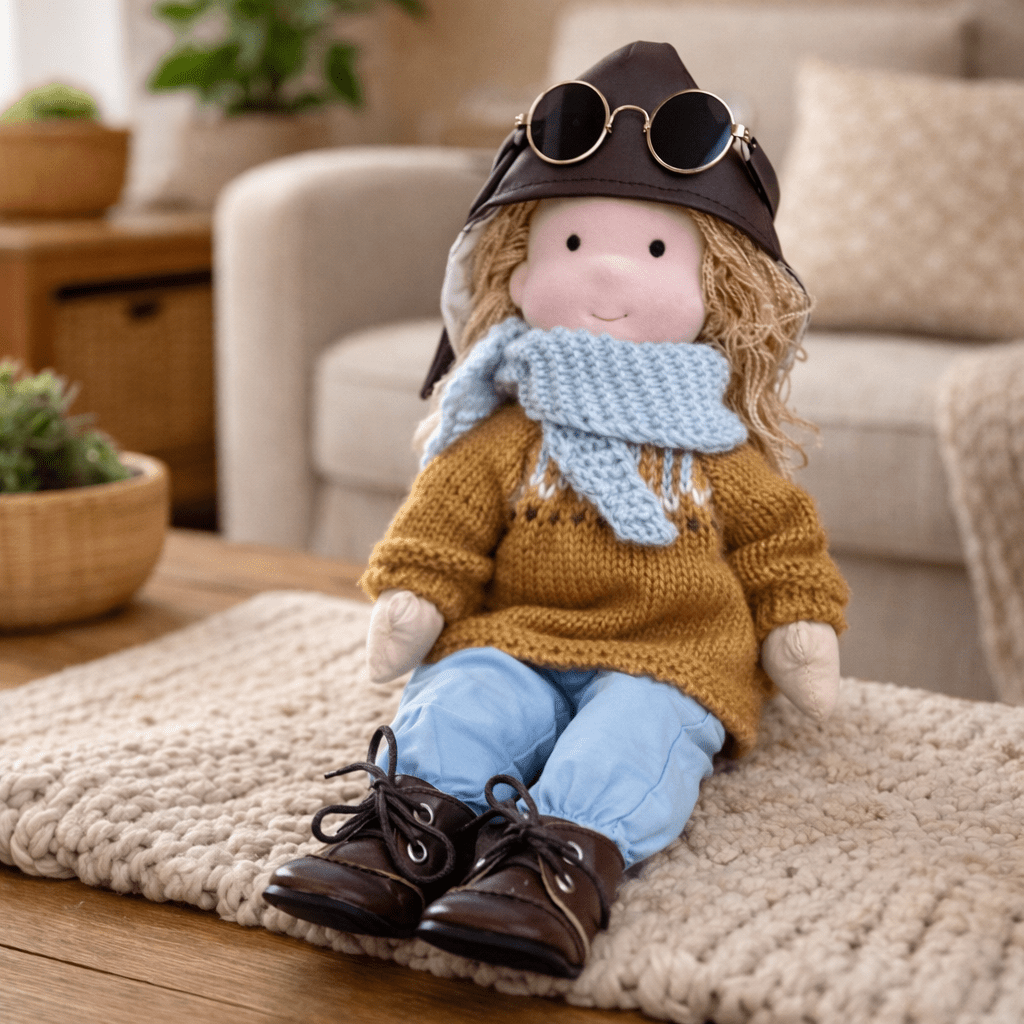 Handmade Waldorf Doll, Cotton & Plush, 28 cm | Minimalist Face for Imaginative Play | Sturdy Plastic Head, Cuddly Body 15